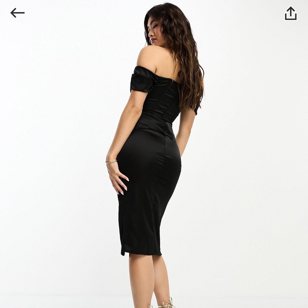 Black off the shoulder satin dress with split.